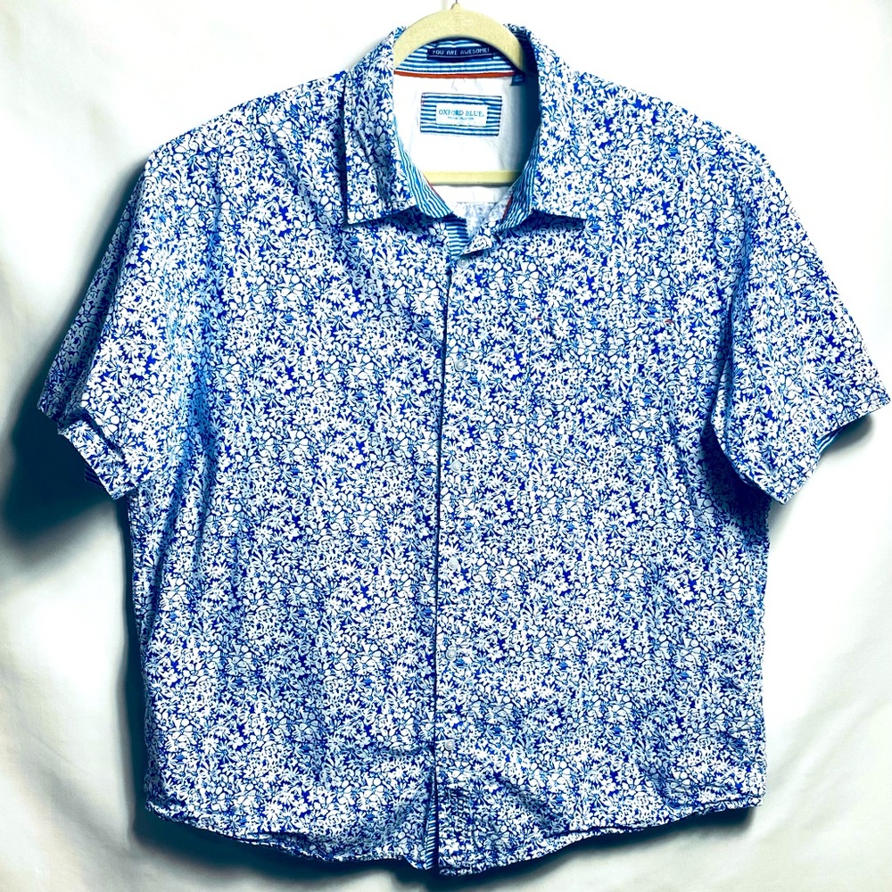 Oxford Blue mens ShortSleeves flowers button shirt blue size 2Xl